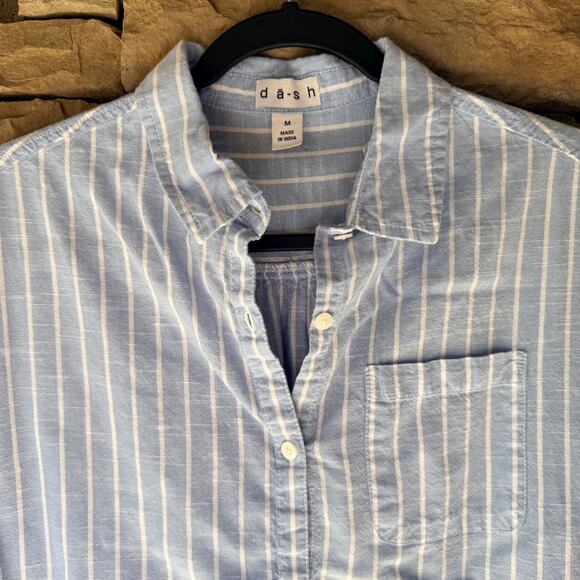 Da-sh XL Striped Blue White Cap Sleeve Button Up Women's Cotton Blouse Coastal - Picture 8 of 12